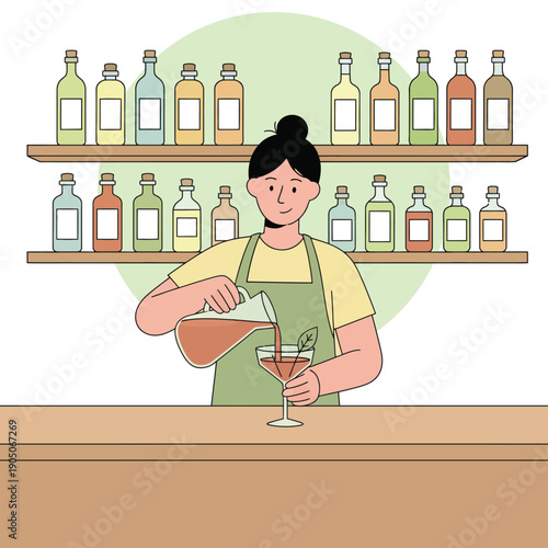 Professional Female Bartender Pouring Cocktail Drink at Bar Flat Design Illustration