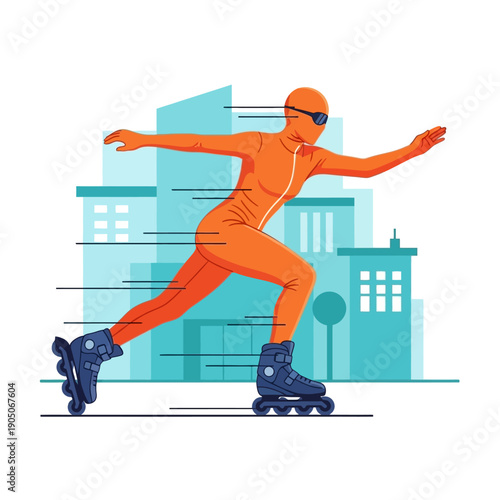 Inline skater wearing orange suit speeding through blue city outlines