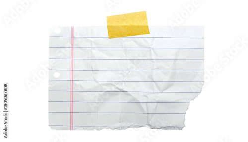 Crumpled lined paper with torn edge, taped down with yellow adhesive against black