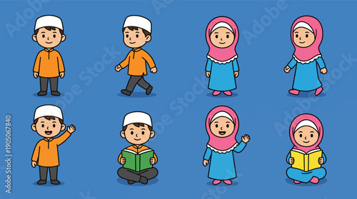 Cute Muslim Children in Traditional Clothes on Blue Background