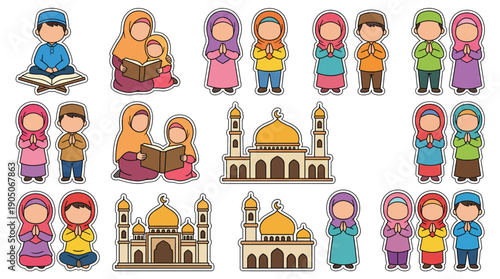 Diverse Muslim Children and Mosques in Cartoon Style