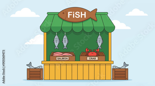Cartoon Fish Market Stall with Fresh Seafood and Sign