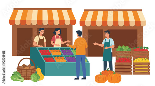 Fresh Produce Market Scene with Friendly Vendors and Engaged Customers