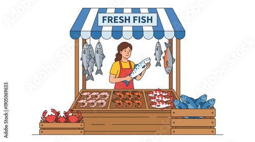 Smiling Woman Vendor Selling Fresh Fish and Seafood at Market Stall