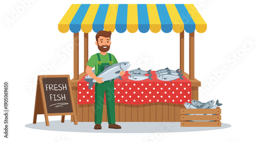 Smiling Vendor Presenting Fresh Fish at Outdoor Market Stall