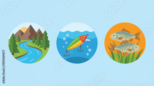 Fishing Themed Flat Design Illustrations with Nature Lure and Fish