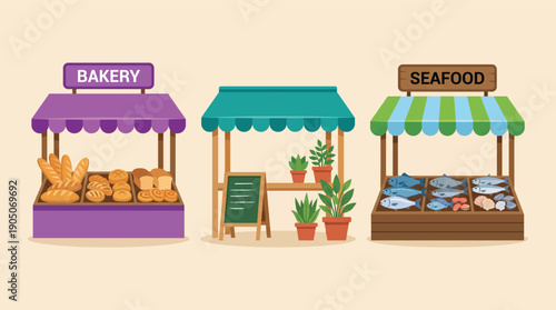 Three Colorful Market Stalls Displaying Bakery Plants and Fresh Seafood