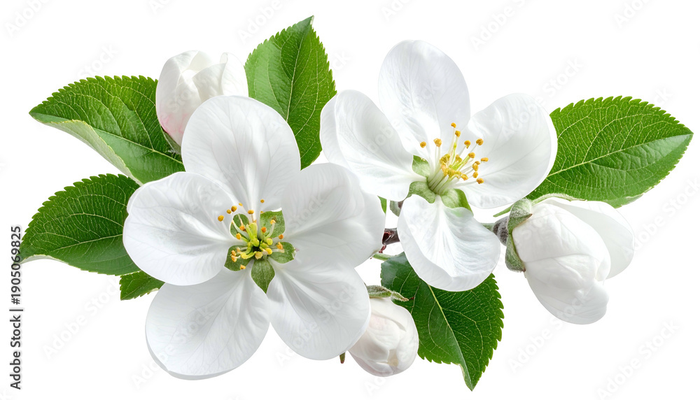 Naklejka premium Close-up of delicate white blossoms with yellow centers, buds, and green leaves