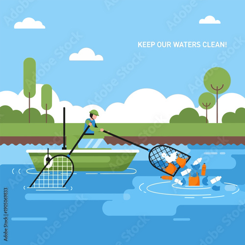 Man in boat using net to collect floating trash from clear blue water