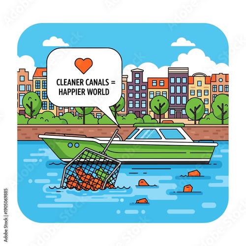 Boat collecting plastic bottles and waste from canal with city background