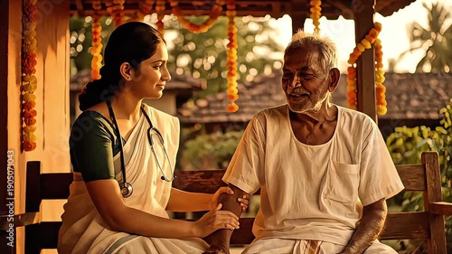 India doctor caring for elderly patient in traditional setting