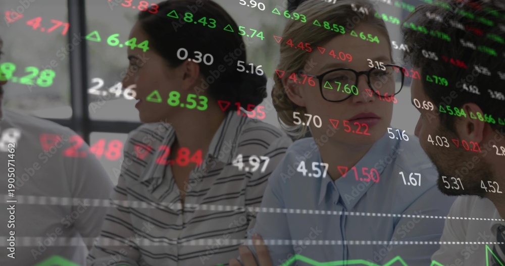 Fototapeta premium Discussing market data, four colleagues wearing business-casual attire in office, with data overlay