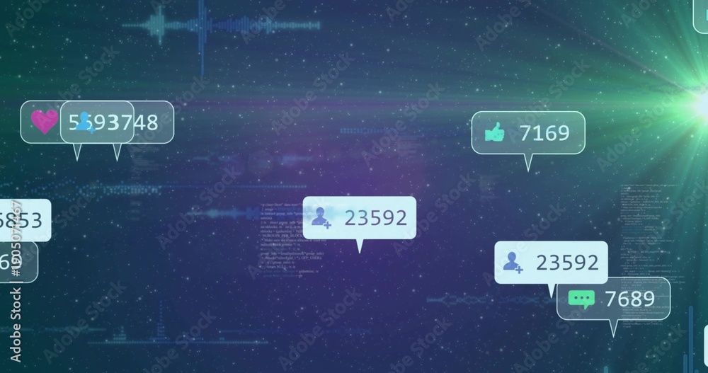 Obraz premium Floating notification bubbles pulsing over nebula gradient, showing counters, waveform, green flare