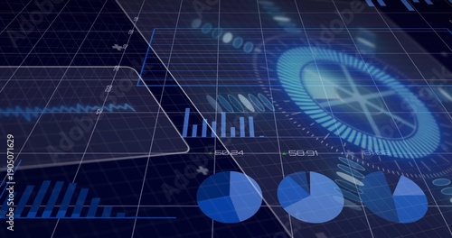 Displaying data dashboard showing panels on navy grid with bar charts, pie charts, radial gauge