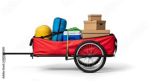 Red utility trailer with camping equipment and moving boxes