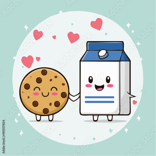A cute cartoon chocolate chip cookie and milk carton holding hands with hearts floating around them.