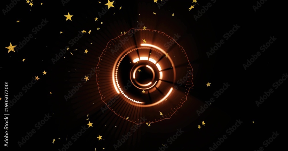 Obraz premium Glowing circular graphic emitting radial beams over black space, with concentric rings and stars