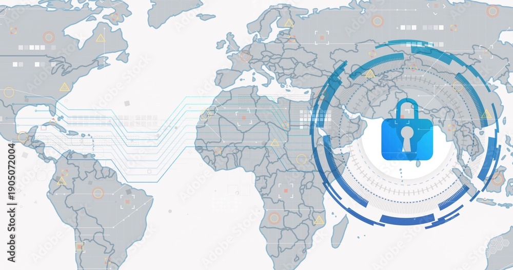 Obraz premium Displaying blue padlock icon locking circular HUD over world map, with circuit lines, copy space