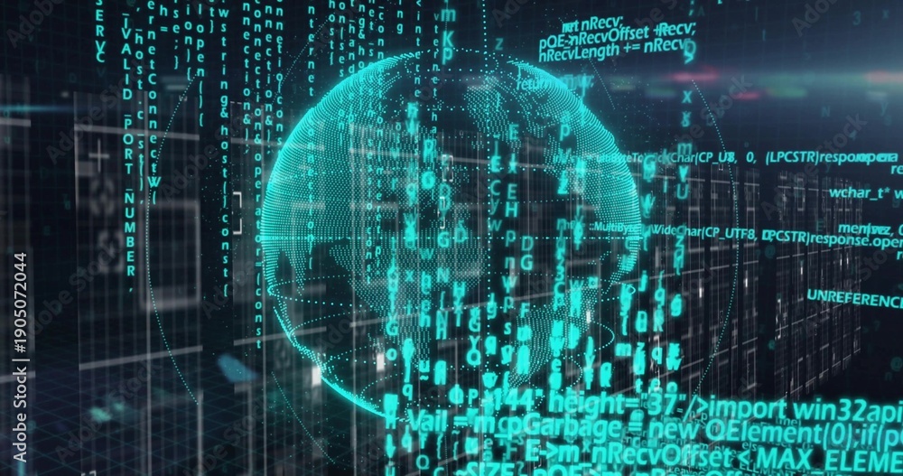 Fototapeta premium Glowing holographic cyan globe rotating in virtual space, with streaming-code and wireframe-grid