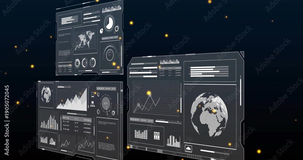 Obraz premium Showing three floating hologram panels in virtual space, displaying dotted globe charts gauges