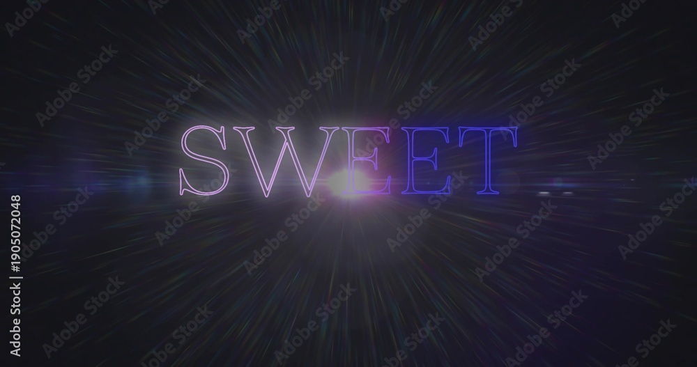 Naklejka premium Glowing serif SWEET shifting purpleblue in dark-cosmic void with lens flare radial rays and stars