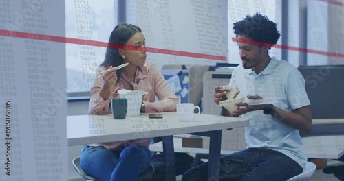 Sharing lunch, staff pink-top blue-polo at office, with chopsticks and sandwich, red-line overlay