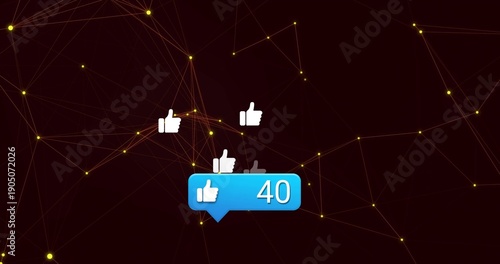Floating blue alert bubble showing white thumbs-up 40 badge over maroon network with glowing nodes