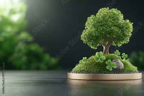 Lush Green Tree on Mossy Hill with Small Plants, Nature Concept for Eco-Friendly Designs
