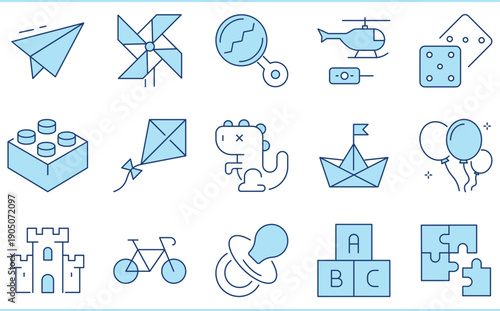A set of flat icons related to Children's toys. Play, building block, balloons, paper boat, dice, and so on.