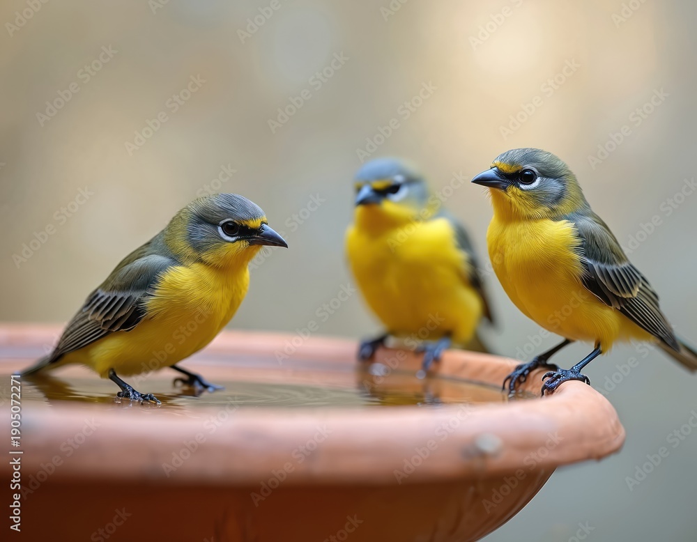 Fototapeta premium Three small yellow and grey birds stand on edge of terracotta bird bath drinking water. Background has soft bokeh blur. Backyard nature scene shows small songbirds taking drink.