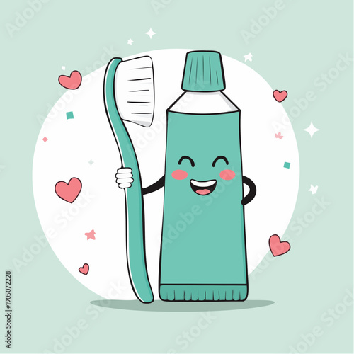 Cute cartoon toothbrush and happy toothpaste tube embracing on a light green background with hearts.