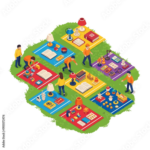 Isometric view of people browsing items at a lively outdoor flea market or yard sale