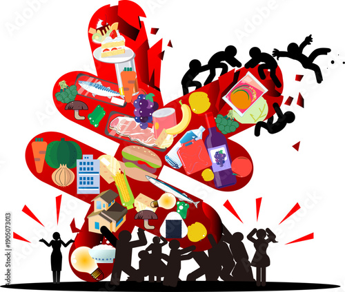 物価高騰と生活費の重圧に苦しむ人々と社会崩壊の概念イラスト