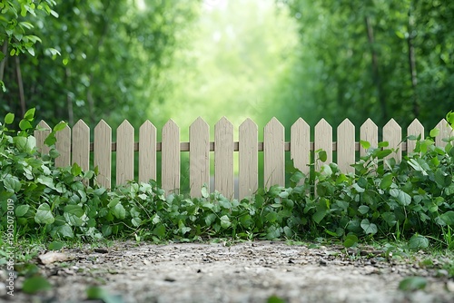 Serene Pathway with Wooden Fence Surrounded by Lush Greenery and Soft Natural Light