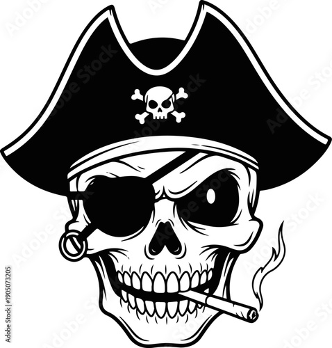 Smoking Pirate Skull with Eye Patch and Tricorne Hat