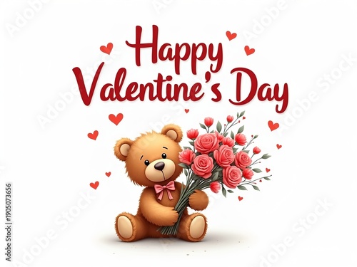 happy valentine's day teddy bear holding flowers in white background