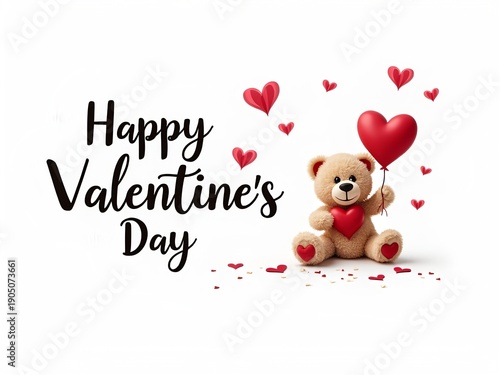 happy valentine's day teddy bear with hearts in white background