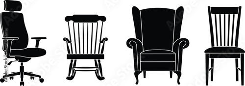 Set of Black Silhouette Furniture Icons Including Office Chair Rocking Chair Classic Armchair and Wooden Dining Chair Isolated on White Background for Interior Design