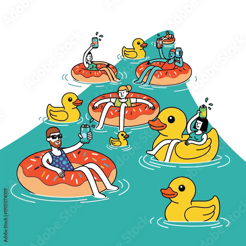 People relaxing on inflatable donuts and rubber ducks in a swimming pool