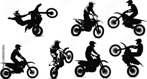 Set of Motocross Rider Silhouettes Performing Extreme Stunts Wheelies and Jumps on Dirt Bikes for Freestyle Sports Racing Competition and Off-road Adventure Vector Graphics