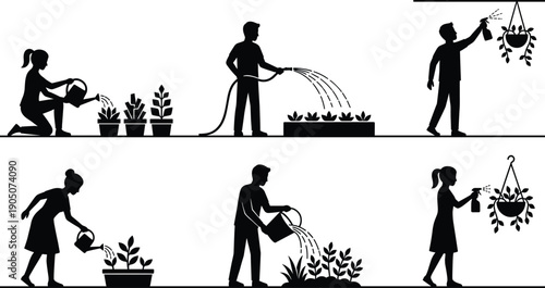 Silhouette illustration of people watering plants and hanging pots, gardening activity set showing home gardening, plant care routine, and sustainable lifestyle concept in black and white