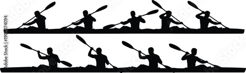 Silhouette illustration of kayaking team paddling in sync, canoe sprint athletes on water, outdoor adventure sport concept, teamwork, endurance, competition, minimalist black design