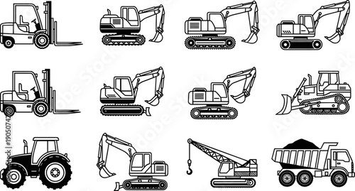 Construction equipment outline vector set featuring forklifts, excavators, bulldozers, cranes, tractors and dump trucks for industrial machinery icons isolated on white background
