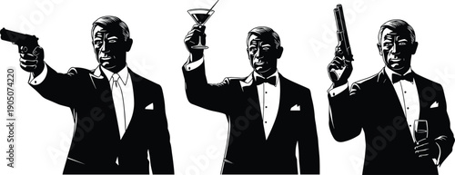 Stylish secret agent silhouettes in tuxedo holding gun and martini, cinematic spy concept illustration isolated on white background for action, thriller, espionage themes