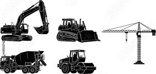 Construction machinery silhouette vector set featuring excavator, bulldozer, tower crane, concrete mixer truck and road roller for industrial building projects isolated on white background