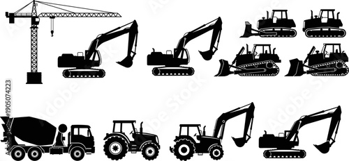 Construction equipment silhouette vector set featuring cranes, excavators, bulldozers, tractors and concrete mixer vehicles for industrial building, engineering 