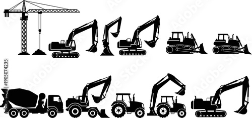 Construction machinery silhouette vector set featuring tower crane, excavators, bulldozers, tractors and concrete mixer truck for industrial building, engineering and earthmoving projects isolated 