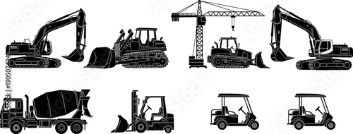 Construction machinery silhouette vector set featuring excavators, bulldozers, cranes, concrete mixer truck, forklift and utility vehicles for industrial building projects isolated on white background