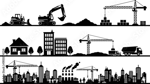 Construction site silhouette panorama showing cranes, excavators, trucks, and city buildings, urban development and industrial construction scenes isolated on white background for architecture 