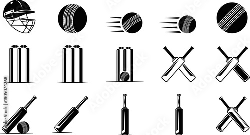 Cricket equipment silhouette vector set featuring bat, ball, helmet and wickets icons for sports branding, game design, tournament graphics and athletic illustration isolated on white background